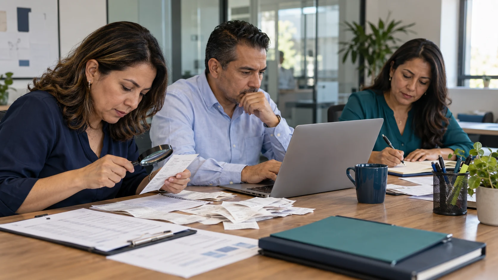 Escena ilustrativa de un equipo administrativo revisando comprobantes y registros.