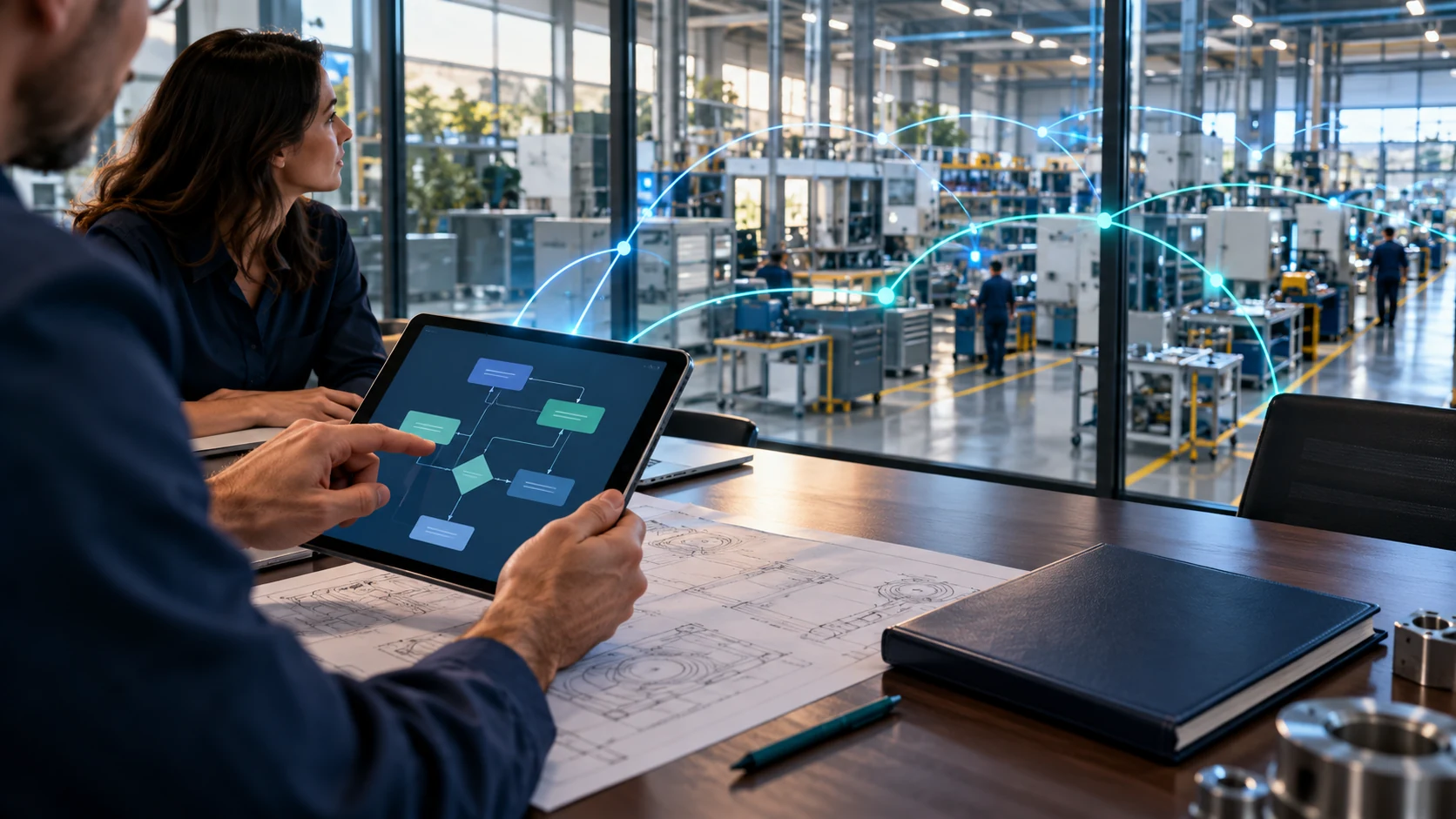 Imagen conceptual de una persona revisando flujos de información junto a una planta industrial.